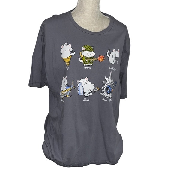 Tops - Gray Graphic T-Shirt with Cat Illustrations 2X